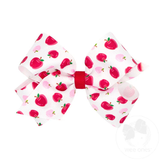 Back to School Print Grosgrain Hair Bow - Apple Pink