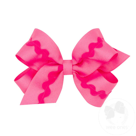 Grosgrain Hair Bow with Ric-Rac Trim- Hot Pink