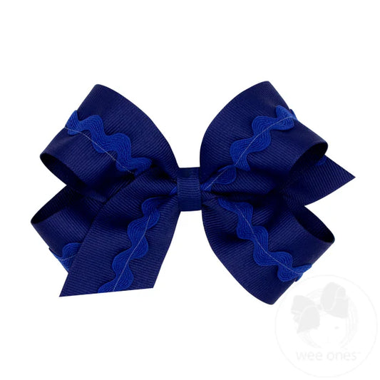 Grosgrain Hair Bow with Ric-Rac Trim- Navy