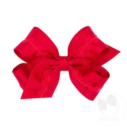 Grosgrain Hair Bow with Ric-Rac Trim- Red