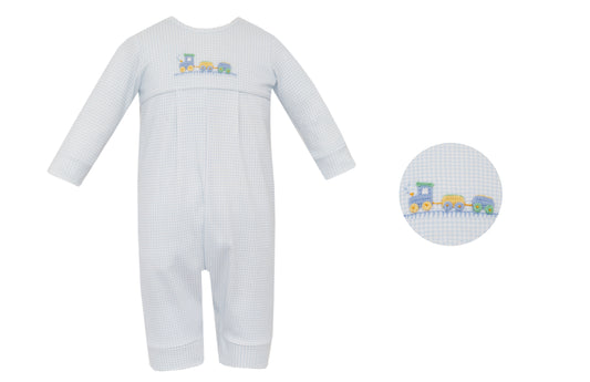 Train Light Blue Gingham Long Romper