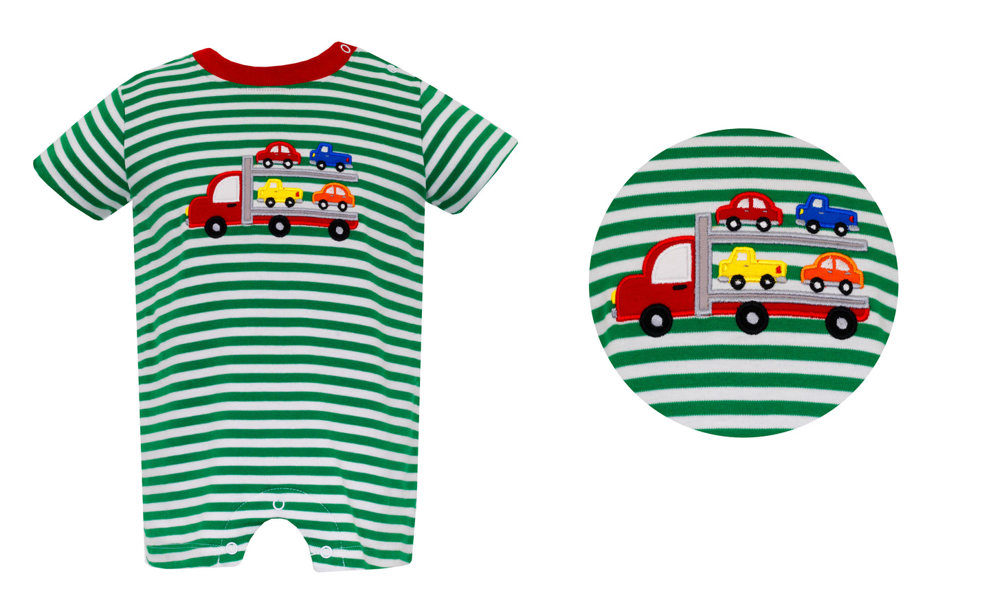 Crane Green Stripe Trucks Romper