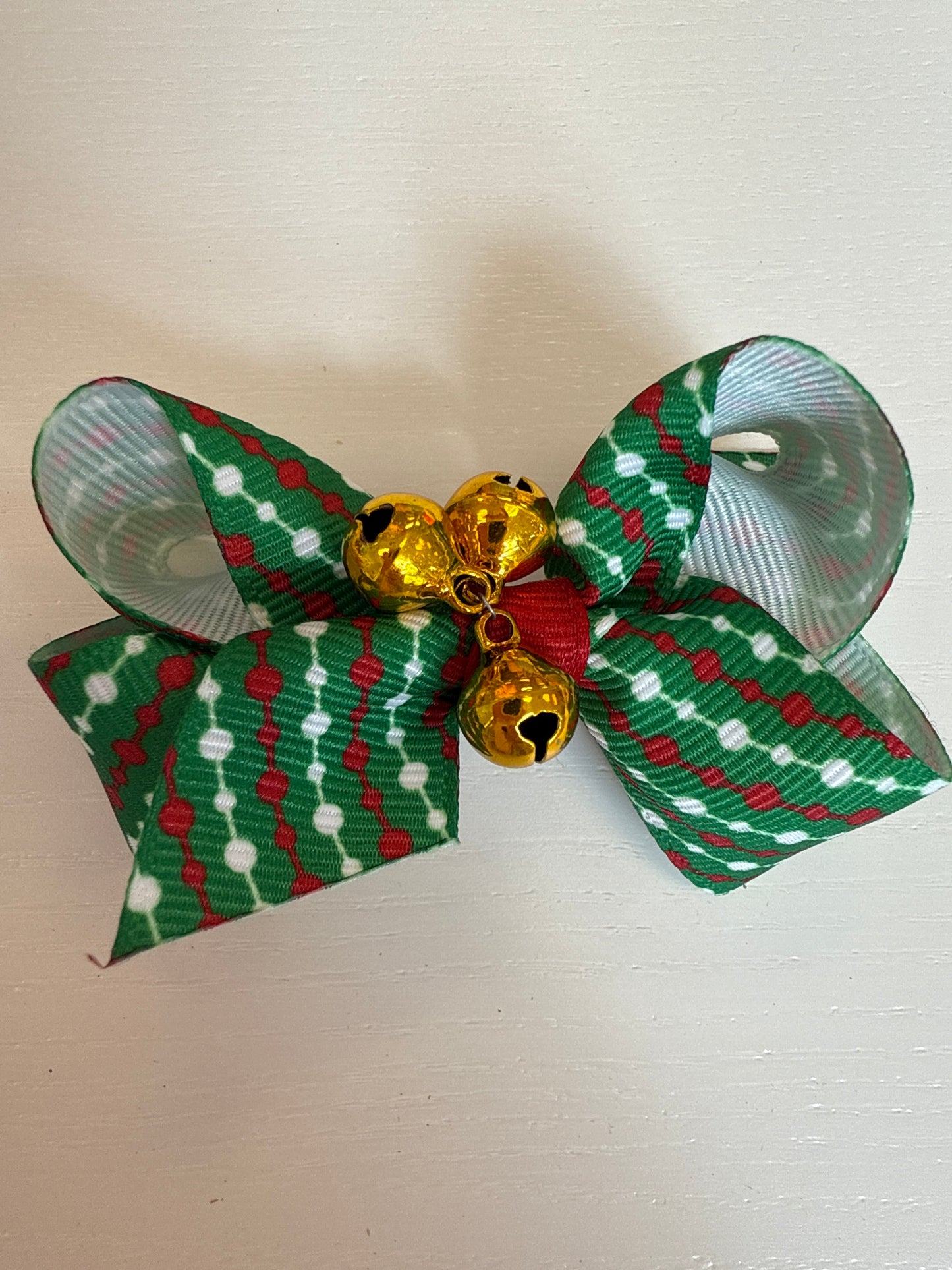 Christmas Print Mini Bow W/ Bells