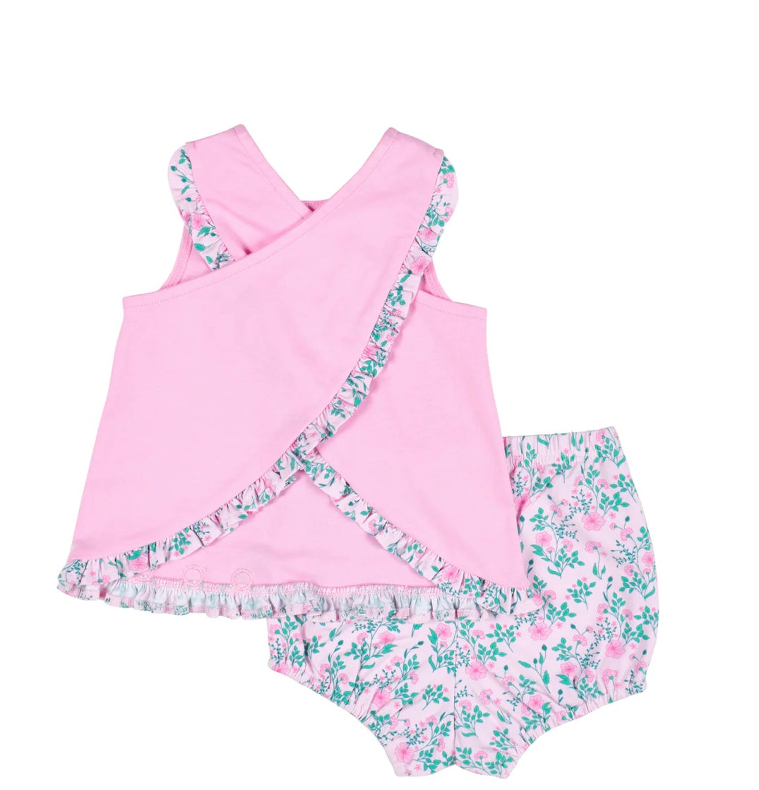 Ruffle Trim Top With Floral Print Bloomer