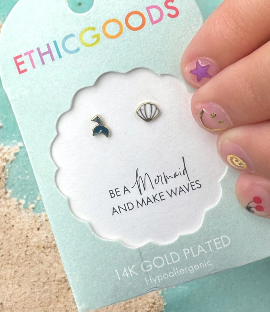 Mermaid Tail & Shell Tiny Stud Earrings
