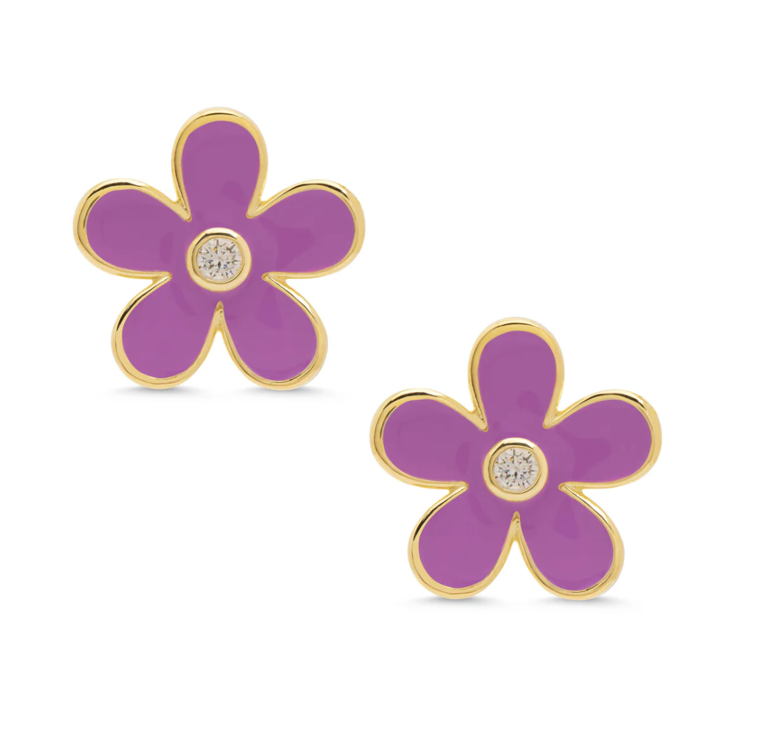 Flower CZ Stud Earrings Purple