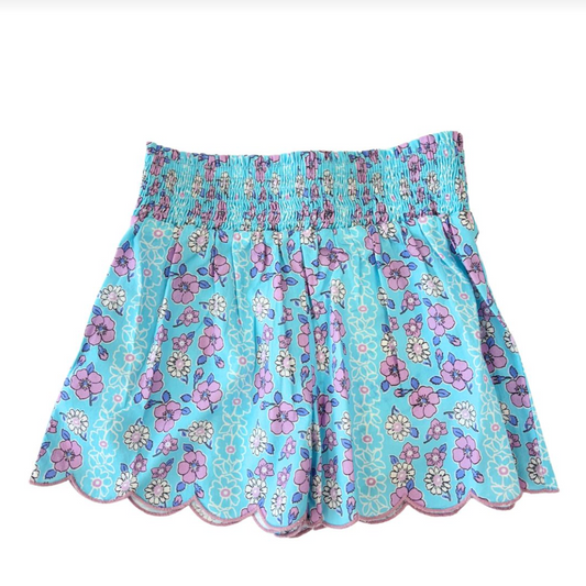 Shirred Scallop Shorts Marguerite Floral Aqua