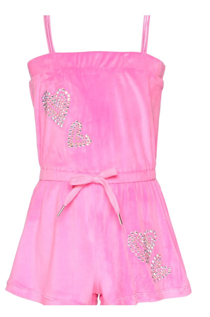 Velour Romper with Rhinestone Hearts
