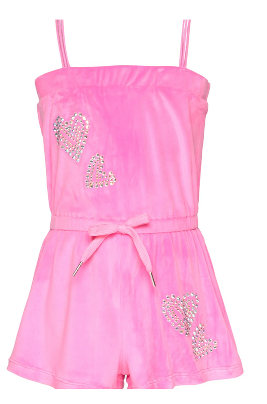 Velour Romper with Rhinestone Hearts