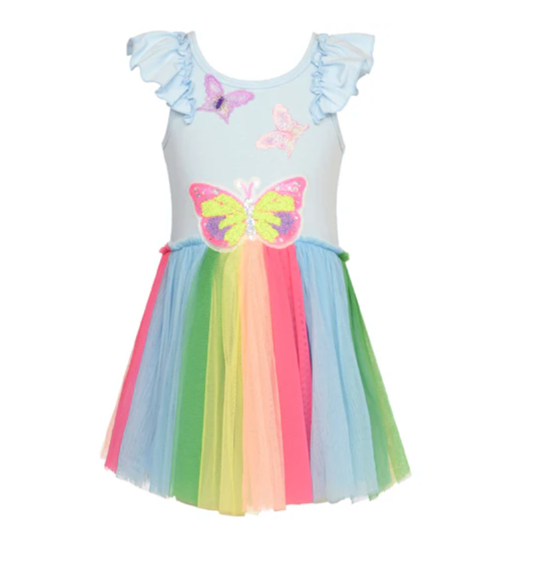 Multicolor Tutu Dress with Butterfly Trim