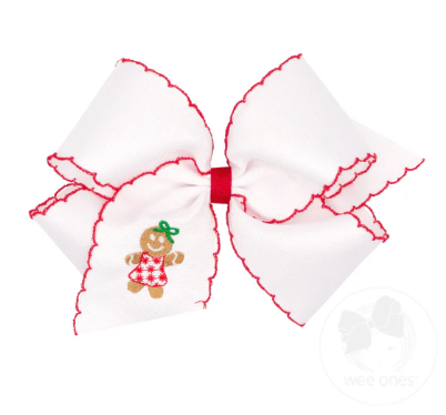 King Grosgrain Hair Bow with Moonstitch Edge and Christmas Embroidery