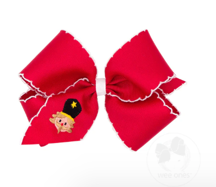 King Grosgrain Hair Bow with Moonstitch Edge and Christmas Embroidery