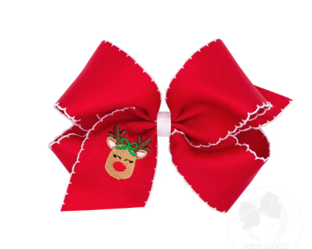 King Grosgrain Hair Bow with Moonstitch Edge and Christmas Embroidery