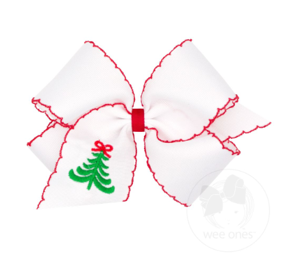 King Grosgrain Hair Bow with Moonstitch Edge and Christmas Embroidery