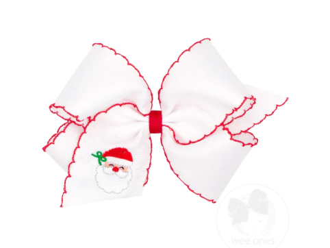 King Grosgrain Hair Bow with Moonstitch Edge and Christmas Embroidery