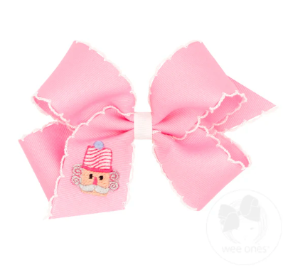 Medium Grosgrain Hair Bow with Moonstitch Edge and Pink Christmas Embroidery