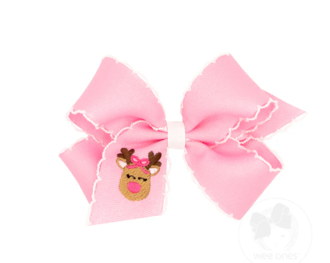 Medium Grosgrain Hair Bow with Moonstitch Edge and Pink Christmas Embroidery