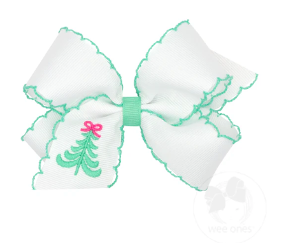 Medium Grosgrain Hair Bow with Moonstitch Edge and Pink Christmas Embroidery