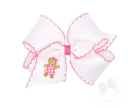 King Grosgrain Hair Bow with Moonstitch Edge and Pink Christmas Embroidery