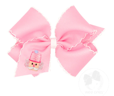 King Grosgrain Hair Bow with Moonstitch Edge and Pink Christmas Embroidery