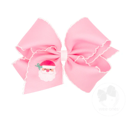 King Grosgrain Hair Bow with Moonstitch Edge and Pink Christmas Embroidery