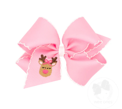 King Grosgrain Hair Bow with Moonstitch Edge and Pink Christmas Embroidery