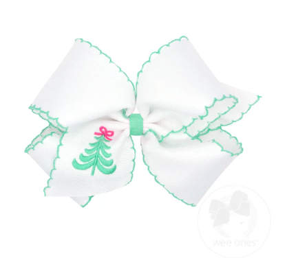 King Grosgrain Hair Bow with Moonstitch Edge and Pink Christmas Embroidery