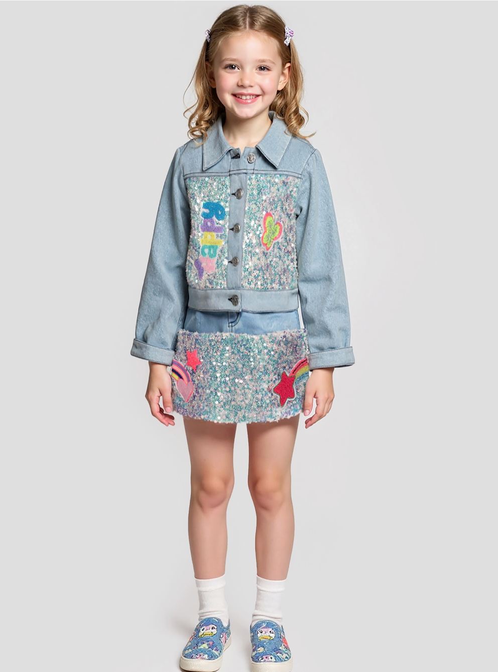 Denim and Sequin Mini Skirt with Patch Trims