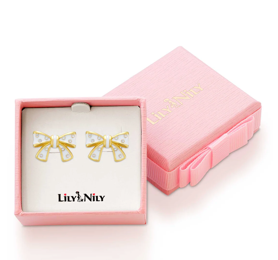 Bow Stud Earrings with Crystals (White)