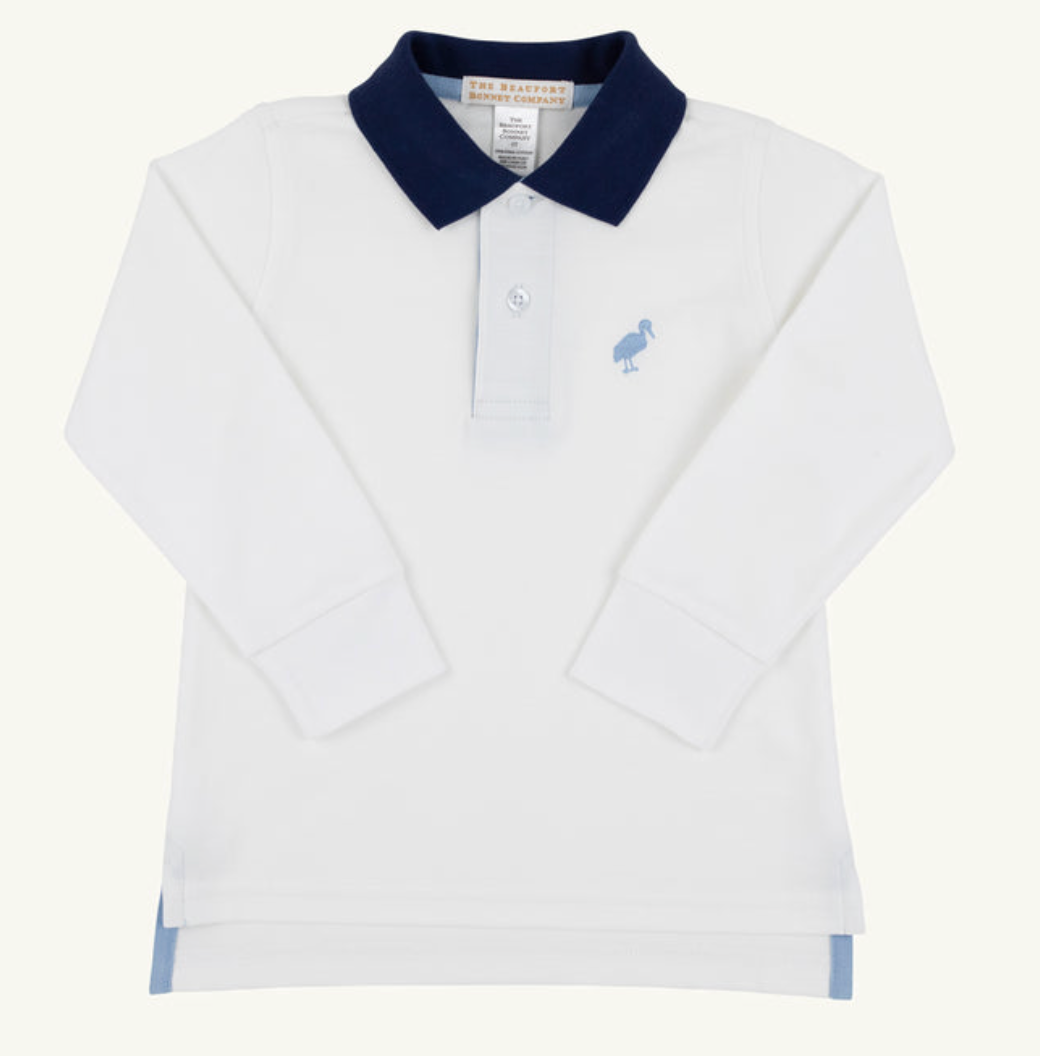 Prim and Proper Polo LS-Pima Worth Ave White/Nantucket Navy/Barrington Blue