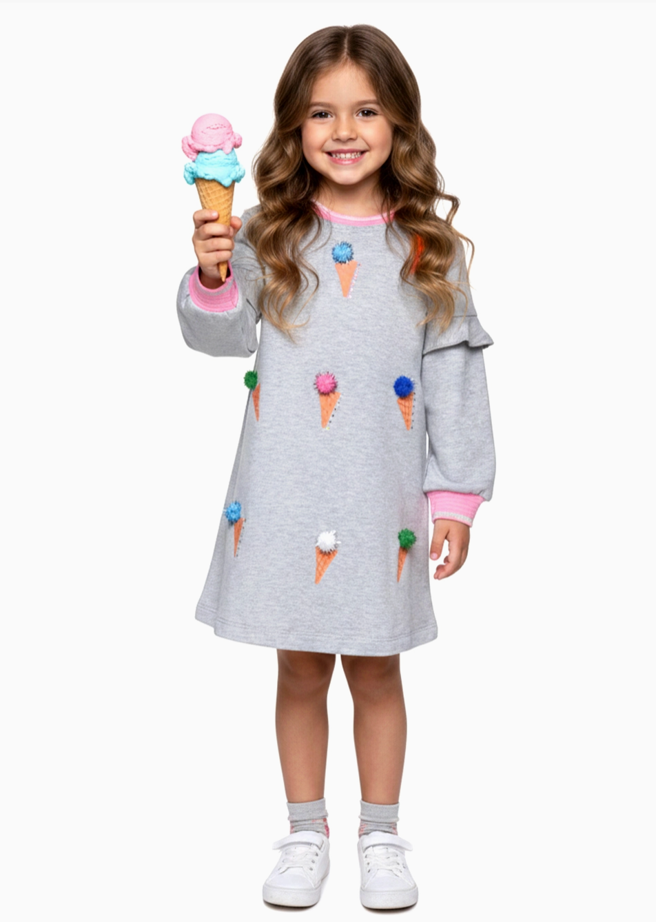 Ice Cream Pom Pom Ruffle Dress