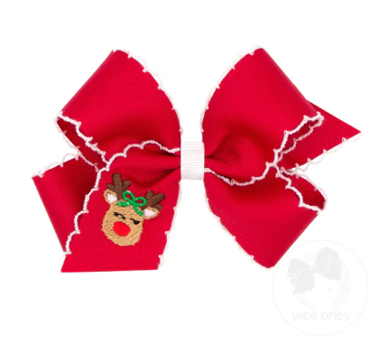 Medium Grosgrain Hair Bow with Moonstitch Edge and Christmas Embroidery