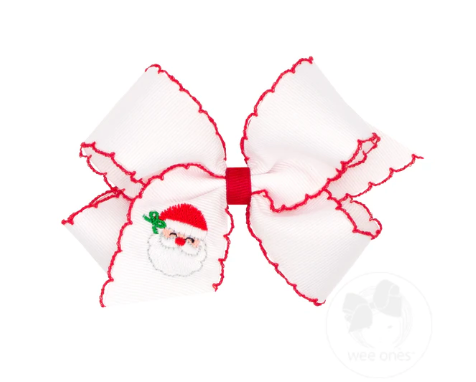 Medium Grosgrain Hair Bow with Moonstitch Edge and Christmas Embroidery