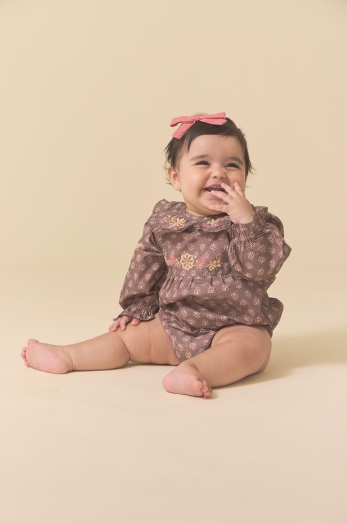 Little Belle Romper in Brown Block Print