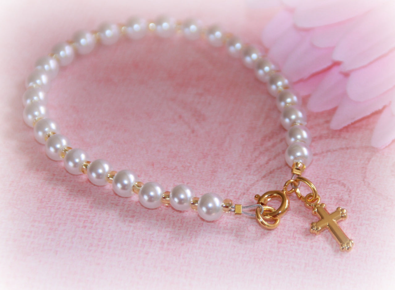 Baby Bracelet Glass Pearls infant size 4 1/2" Gold finish