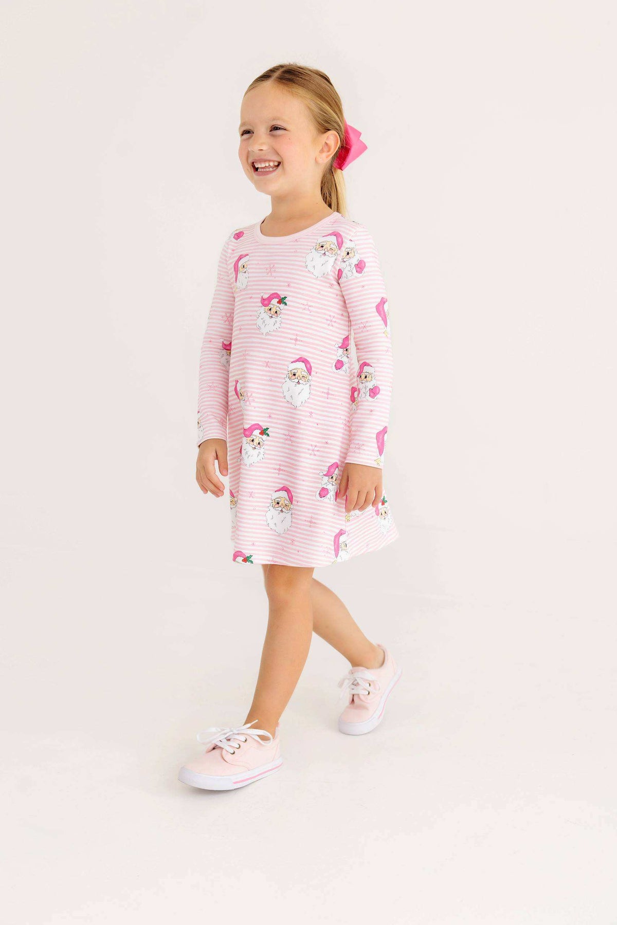 Long Sleeve Polly Play Dress Dear Santa Palm Beach Pink Stripe