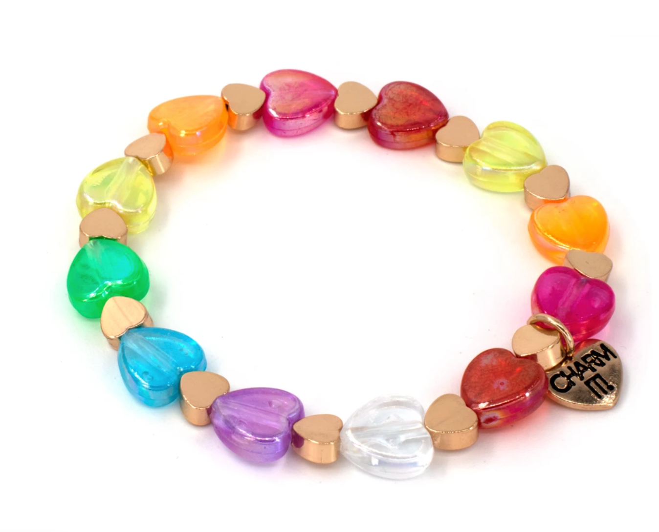 Gold Rainbow Heart Bead Stretch Bracelet