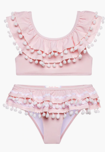 Pink Double Ruffle Bikini with White Pom Poms