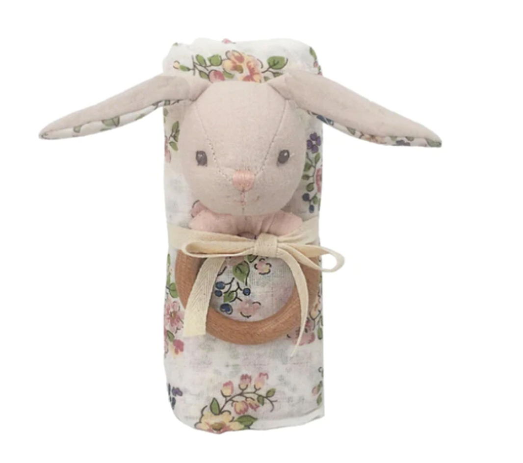 Floral Muslin and Bunny Wood Rattle Gift Set