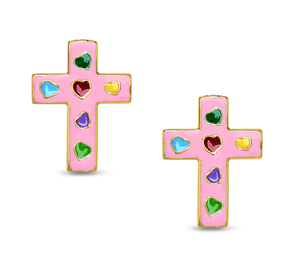 18k Gold Plated Cross Stud Earrings - Pink