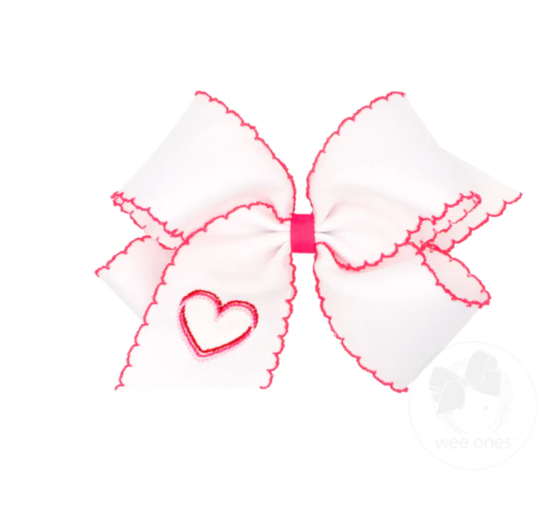 Medium Grosgrain Moonstitch White Bow with Embroidered Heart