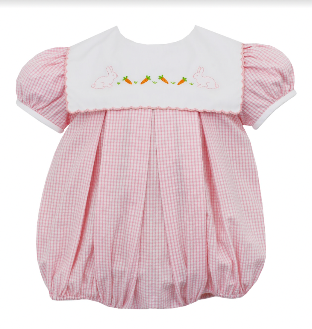 Bunny Pink Seersucker Check Girl's Bubble w/ Square Scalloped Collar