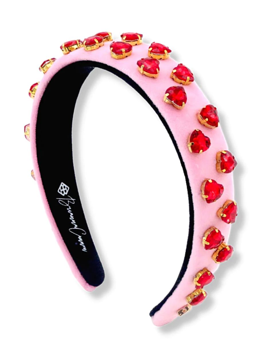 Pink Velvet Thin Headband with Red Heart Crystals