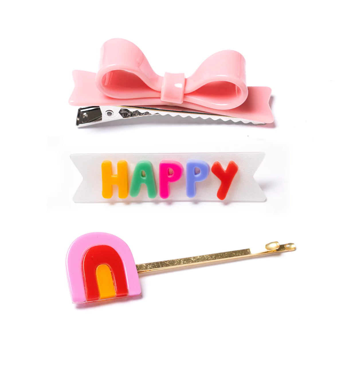 Happy Word Set + Bowtie LT Pink Alligator Clips (Set of 3)
