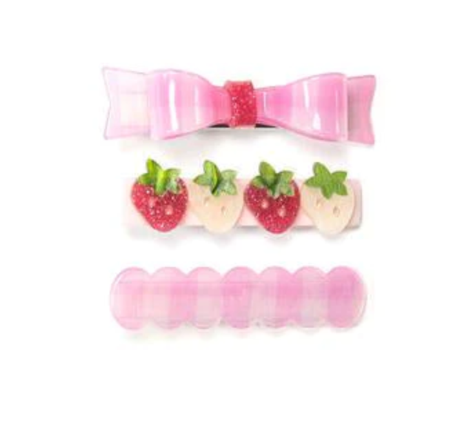 Pink Checked Bow + Strawberries Alligator clips