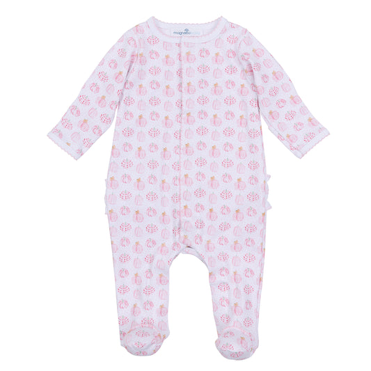 Precious Pumpkins Print Ruffle Footie - Pink