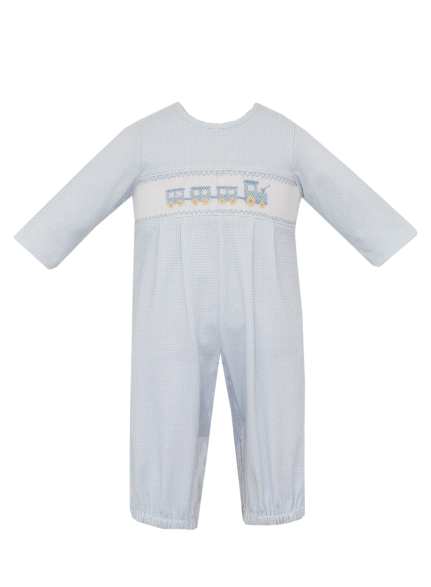 Light Blue Check Train Smocked Romper