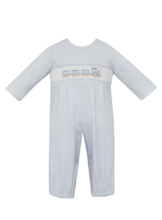 Light Blue Check Train Smocked Romper