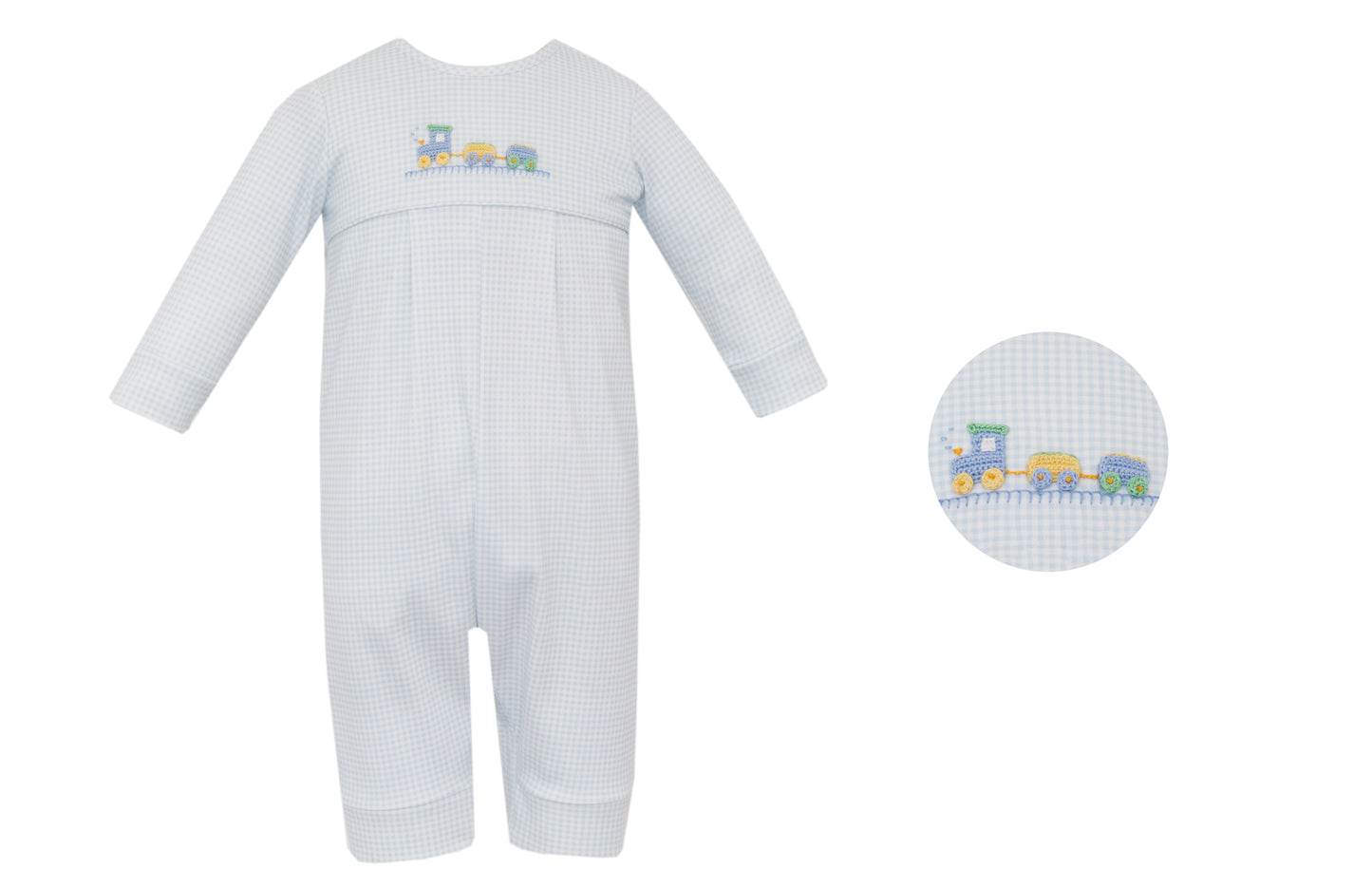 Train Light Blue Gingham Long Romper