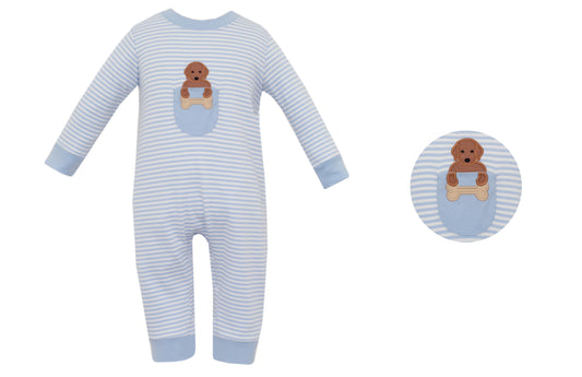 Blue Stripe Knit Long Romper w/ Lab